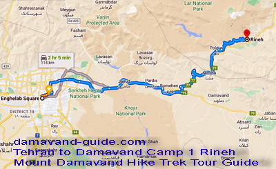 Tehran to Damavand Camp 1 Rineh Road Map Mount Damavand Hike Trek Climb Ski Tour Guide